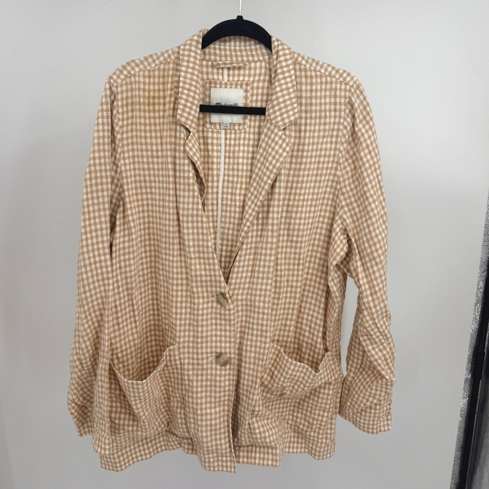 Madewell Dorset Blazer XXL Tan White Gingham 100% Linen Button Front Jacket